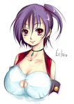  armlet blush breasts cleavage closed_mouth collarbone eclair_(kiddy_grade) gem huge_breasts jewelry kiddy_grade large_breasts lips looking_at_viewer necklace pendant purple_eyes purple_hair side_ponytail simple_background smile solo strapless tubetop vest waku white_background 