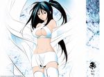  bare_shoulders black_hair blue_background breasts cleavage cleavage_cutout covered_nipples gokurakuin_sakurako green_eyes long_hair medium_breasts midriff miniskirt navel sekirei side_ponytail skirt solo standing thighhighs uzume very_long_hair white white_background white_legwear zettai_ryouiki 