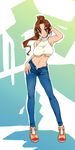  adjusting_hair breasts brown_hair copyright_request denim halterneck jeans large_breasts long_hair michael midriff open_fly pants ponytail solo underboob unzipped 