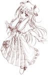  bow capelet crescent hair_bow hat long_hair monochrome outstretched_arms patchouli_knowledge robe sketch solo spread_arms striped touhou yumesato_makura 