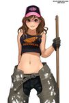  arm_behind_back baseball_cap belt black_gloves broom brown_eyes brown_hair buckle clothes_writing cowboy_shot gloves hat holding honda looking_at_viewer midriff original ryu_(ryu's_former_site) simple_background sleeveless solo standing tank_top white_background 