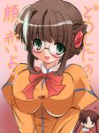  :d bangs blunt_bangs bow bowtie breast_squeeze breasts brown_hair fujisawa_yayoi_(uchuu_no_stellvia) green_eyes juliet_sleeves large_breasts long_sleeves looking_at_viewer multicolored_hair multiple_girls open_mouth orange_shirt parted_bangs puffy_sleeves red_bow red_neckwear rikuto shirt smile solo_focus streaked_hair twintails uchuu_no_stellvia white_hair 