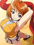  armpits arms_behind_head breasts from_above haruyama_kazunori large_breasts looking_up my-hime orange_hair orange_shirt panties pantyshot purple_eyes red_scarf scarf school_uniform shirt short_hair skirt smile socks solo striped striped_panties tokiha_mai underwear 