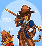  androgynous black_mage blue_background cat contrapposto cowboy_shot creature final_fantasy final_fantasy_xi gem ginyaa hat holding looking_at_viewer lowres mithra open_mouth simple_background smile sphere staff standing witch_hat 