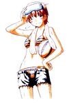  bikini blush denim denim_shorts fate/stay_night fate_(series) fujimura_taiga jas one_eye_closed short_hair shorts solo striped striped_bikini swimsuit 