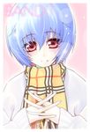  :d ayanami_rei blue_hair coat face hair_between_eyes hands_together kawakami_shuuichi long_sleeves looking_at_viewer neon_genesis_evangelion open_mouth pink_background plaid plaid_scarf red_eyes scarf short_hair simple_background smile solo teeth upper_body winter_clothes yellow_scarf 