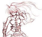  artist_request belt breasts buckle cowboy_shot floating_hair holding holding_sword holding_weapon large_breasts levantine long_hair lyrical_nanoha mahou_shoujo_lyrical_nanoha_strikers monochrome ponytail red signum simple_background solo sword unsheathed weapon white_background wind 