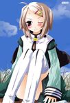  bangs blonde_hair blue_eyes blue_sky cloud convenient_leg copyright_request day knees_up long_sleeves looking_at_viewer noto_(soranoto) short_hair sky solo swept_bangs thighhighs thighs white_legwear 