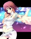  armpits bare_shoulders belt brown_eyes brown_hair cool_&amp;_sexy_(idolmaster) foreshortening hagiwara_yukiho idolmaster idolmaster_(classic) idolmaster_1 looking_at_viewer midriff miniskirt navel ooba_kagerou outstretched_arm pose short_hair skirt solo sparkle standing stomach white_skirt 