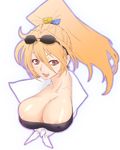  :d areola_slip areolae blonde_hair blush breasts cleavage collar copyright_request covered_nipples eyewear_on_head high_ponytail large_breasts michael open_mouth ponytail red_eyes smile solo sunglasses 