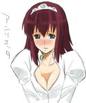  blue_eyes blush breast_squeeze breasts character_name cleavage collarbone earrings full-face_blush gem henrietta_de_tristain jewelry juliet_sleeves large_breasts long_sleeves looking_at_viewer puffy_sleeves red_hair shirt short_hair solo tiara toshibou_(satsukisou) upper_body white_shirt zero_no_tsukaima 