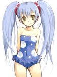  arms_behind_back bangs bare_shoulders blush_stickers casual_one-piece_swimsuit frilled_swimsuit frills head_tilt hoshino_ruri kidou_senkan_nadesico long_hair one-piece_swimsuit polka_dot polka_dot_swimsuit smile solo swimsuit twintails waku yellow_eyes 