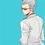  akagi artist_request blue_background formal from_behind hirayama_yukio long_sleeves looking_back lowres male_focus oekaki pinstripe_suit silver_hair simple_background solo spiked_hair striped suit sweatdrop upper_body 