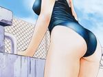 ass breasts chain-link_fence close-up cropped day fence from_behind from_below head_out_of_frame kobayashi_hiyoko medium_breasts oku-sama_wa_joshi_kousei one-piece_swimsuit onohara_asami outdoors pool poolside reversed school_swimsuit solo standing starting_block swimsuit wallpaper wet 