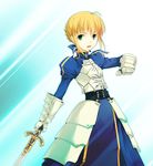  ahoge armor armored_dress artoria_pendragon_(all) bangs blonde_hair braid breastplate clenched_hand dasoku_sentarou dress fate/stay_night fate_(series) french_braid gauntlets green_eyes juliet_sleeves long_sleeves looking_at_viewer puffy_sleeves ribbon saber solo sword weapon 