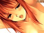  armpits bangs breasts cleavage from_below medium_breasts nude open_mouth original patipat_asavasena red_hair simple_background solo white_background 