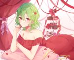  1girl alternate_costume bangs bare_shoulders blush braid breasts cake chocolate chocolate_heart cleavage collarbone commentary cowboy_shot cup curtains dress drinking_glass eyebrows_visible_through_hair flower food gradient gradient_background green_hair hair_between_eyes hair_flower hair_ornament hand_up heart holding holding_food kazami_yuuka konnyaku_(yuukachan_51) looking_at_viewer lying macaron medium_breasts off-shoulder_dress off_shoulder on_stomach petals pillow pink_background pink_flower red_dress red_eyes red_flower red_ribbon ribbon rose_petals short_hair smile solo symbol_commentary tiered_tray touhou white_background yellow_ribbon 
