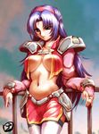  against_railing armor bangs blue_hair breasts breasts_apart bridal_gauntlets cloud crop_top faulds gem hairband hisahiko large_breasts lipstick long_hair looking_down makeup midriff miniskirt nail_polish navel no_bra open_clothes open_shirt outdoors parted_bangs pauldrons pink_nails purple_eyes railing shirt side_slit skirt sky sleigh_presty solo standing super_robot_wars thighhighs very_long_hair white_legwear 