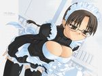  braid breasts brown_eyes brown_hair cleavage dutch_angle frills glasses hoshina_tomoko large_breasts leaning_forward maid maid_headdress miniskirt skirt solo thighhighs to_heart tsuina zettai_ryouiki 