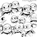  2019 anthro bandanna black_and_white blush buckteeth clothed clothing english_text eyes_closed inkyfrog male mask michelangelo_(tmnt) monochrome multiple_poses open_mouth open_smile pose pouting reptile rise_of_the_teenage_mutant_ninja_turtles scalie shell simple_background sketch_page smile solo sweat sweatdrop teenage_mutant_ninja_turtles teeth text tooth_gap turtle white_background 