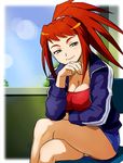  breasts cleavage haruyama_kazunori large_breasts legs long_hair my-hime naughty_face red_hair sitting smile solo sugiura_midori 