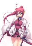  armor blue_eyes breasts large_breasts levantine lyrical_nanoha mahou_shoujo_lyrical_nanoha mahou_shoujo_lyrical_nanoha_a's pink_hair ponytail ribbon signum simple_background skirt skirt_lift smile soba_(saz) solo sword weapon white_background 