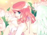  888 blue_eyes copyright_request flower pink_hair solo wings 