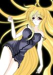  bare_shoulders black_background blonde_hair breasts chemise cleavage collarbone eyebrows eyebrows_visible_through_hair fate_testarossa frapowa head_tilt long_hair looking_at_viewer lyrical_nanoha mahou_shoujo_lyrical_nanoha_strikers medium_breasts off_shoulder simple_background solo spaghetti_strap strap_slip very_long_hair 