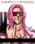  arnold_schwarzenegger artist_request code_geass cyborg euphemia_li_britannia gun handgun holding holding_gun holding_weapon laser_sight parody pistol solo sunglasses t-800 terminator weapon 