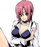  breast_hold breasts card croupier green_eyes holding holding_card large_breasts lowres oekaki rio_rollins solo super_blackjack yuuryuu_nagare 