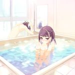  1girl bangs bath bathroom blush casual_one-piece_swimsuit frilled_swimsuit frills game_cg haimura_kiyotaka kagami_aya kagami_kouhei leg_hug mirror one-piece_swimsuit ripples short_hair sitting swimsuit twintails washing_hair water wet yume_miru_kusuri 