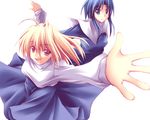  ahoge arcueid_brunestud blonde_hair blonde_pubic_hair blue_skirt breasts ciel fuyuwa_kotatsu large_breasts long_skirt long_sleeves looking_at_viewer multiple_girls outstretched_arms purple_skirt robe short_hair simple_background skirt standing sweater tsukihime white_background 
