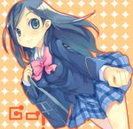  bag blue_eyes blue_hair bow etou_mei gakuen_utopia_manabi_straight! leaning_forward long_hair massugu_go mikage_sekizai pink_bow plaid plaid_skirt school_uniform seiou_gakuen_school_uniform shoulder_bag skirt solo 