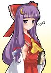  breasts cosplay crescent crescent_hair_ornament hair_ornament hakurei_reimu hakurei_reimu_(cosplay) long_hair medium_breasts patchouli_knowledge r-type_nirvana sideboob solo touhou 