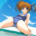  ibuki_pon lyrical_nanoha mahou_shoujo_lyrical_nanoha name_tag one-piece_swimsuit school_swimsuit solo swimsuit takamachi_nanoha twintails 