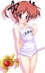  lyrical_nanoha mahou_shoujo_lyrical_nanoha name_tag nishikiori_jin one-piece_swimsuit raising_heart school_swimsuit solo swimsuit takamachi_nanoha twintails white_school_swimsuit white_swimsuit 