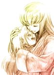  1girl c.c. code_geass gradient hisaki_yukari hug long_hair mao_(code_geass) monochrome orange_(color) smile 