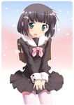  :d bag black_hair copyright_request green_eyes open_mouth school_bag school_uniform short_hair smile solo thighhighs yamabuki_zarame zettai_ryouiki 