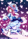  2006 :d ass blue_bow blue_hat bow bug butterfly dated frills full_body ghost hat ibuki_pon insect japanese_clothes kimono kneeling looking_back mob_cap open_mouth pink_eyes pink_hair saigyouji_yuyuko short_hair smile solo touhou triangular_headpiece 