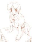  copyright_request desk fuji_shinobu monochrome orange_(color) school_uniform solo 