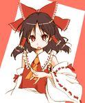  bow brown_hair detached_sleeves floating_hair hair_bow hakurei_reimu looking_at_viewer mikami_komata open_mouth red_eyes short_hair sidelocks solo touhou 