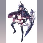  black_hair cape demon_girl fang fantasy gloves high_heels horns kousaki_rui long_hair midriff miniskirt original pointy_ears red_eyes scythe shoes skirt solo thighhighs zettai_ryouiki 