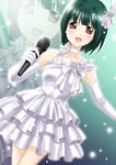  :d bangs bare_shoulders blush brown_eyes choker collarbone dark_green_hair dress dutch_angle elbow_gloves eyebrows_visible_through_hair feathers flower gloves green_hair hair_flower hair_intakes hair_ornament holding holding_microphone idolmaster idolmaster_(classic) idolmaster_1 itsuki_sayaka microphone open_mouth otonashi_kotori rose short_hair smile solo white_choker white_dress white_flower white_gloves white_rose zoom_layer 