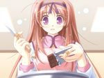  apron bandaid bandaid_on_finger blush brown_hair chocolate chocolate_bar cooking from_below hair_ribbon haruka_ni_aogi_uruwashi_no holding holding_knife indoors knife long_hair long_sleeves looking_down mixing_bowl pink_apron purple_eyes ribbon solo tareme tears tiara tomo_no_shippo upper_body wavy_mouth yaotome_shino 