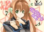  black_dress blush brown_hair closed_mouth dress eighth_note green_eyes long_sleeves musical_note muvluv muvluv_alternative sidelocks smile solo suzumiya_haruka tareme text_focus tnonizyou twintails upper_body 