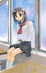  ahoge ascot black_hair blue_eyes cherry_blossoms classroom ikeda_jun_(mizutamari) looking_at_viewer original school_uniform serafuku sitting_in_window skirt smile socks solo source_request white_legwear 