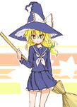  alternate_costume blonde_hair braid broom hat kirisame_marisa mikami_komata school_uniform solo touhou witch_hat 