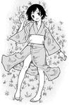  barefoot feet greyscale japanese_clothes kimono monochrome original satou_atsuki solo 