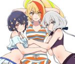  3girls arms_behind_head bikini black_hair blonde_hair eriizane eyebrows_visible_through_hair eyes_visible_through_hair frown grey_eyes grin hair_between_eyes hair_ornament hair_over_one_eye konno_junko long_hair looking_at_viewer low_twintails mizuno_ai multicolored_hair multiple_girls nikaidou_saki ponytail red_eyes ruichineru short_hair silver_hair smile streaked_hair swimsuit twintails v-shaped_eyebrows yellow_eyes zombie_land_saga 