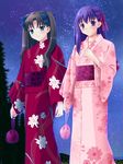  fate/stay_night fate_(series) floral_print japanese_clothes kimono matou_sakura multiple_girls night pink_kimono print_kimono red_kimono siblings sisters star toosaka_rin yoshida_inuhito yukata 